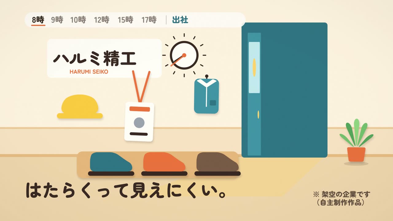 出社：看板・ドア・上着・靴